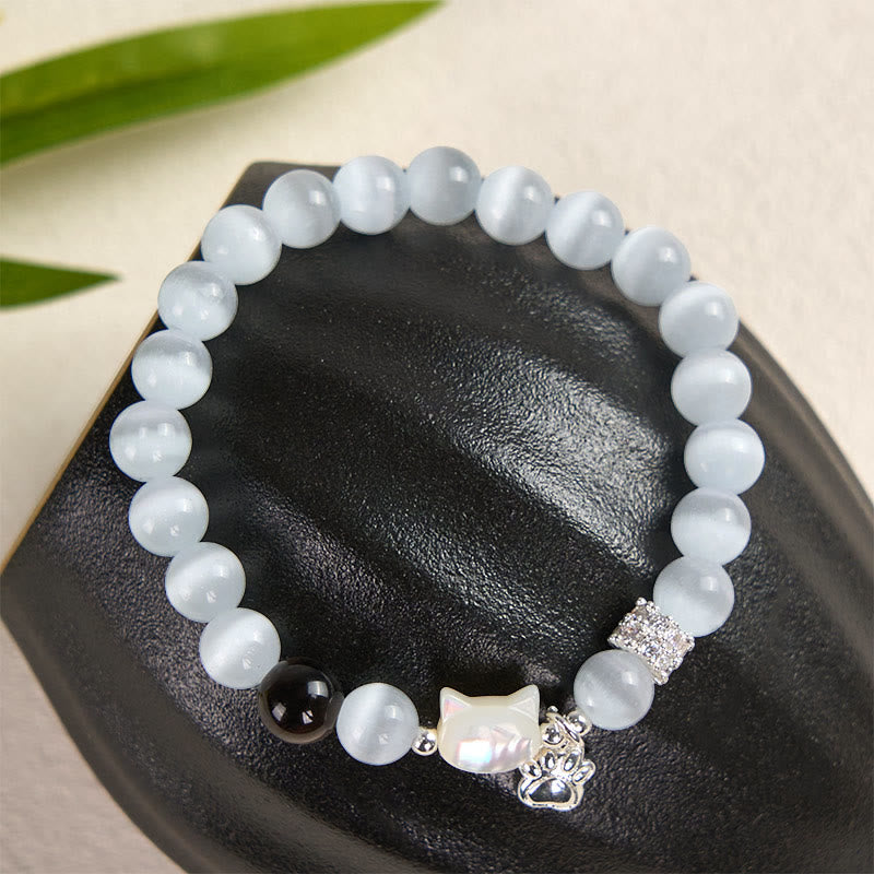 Buddha Stones Cat Head White Cat's Eye Silver Sheen Obsidian Positive Bracelet
