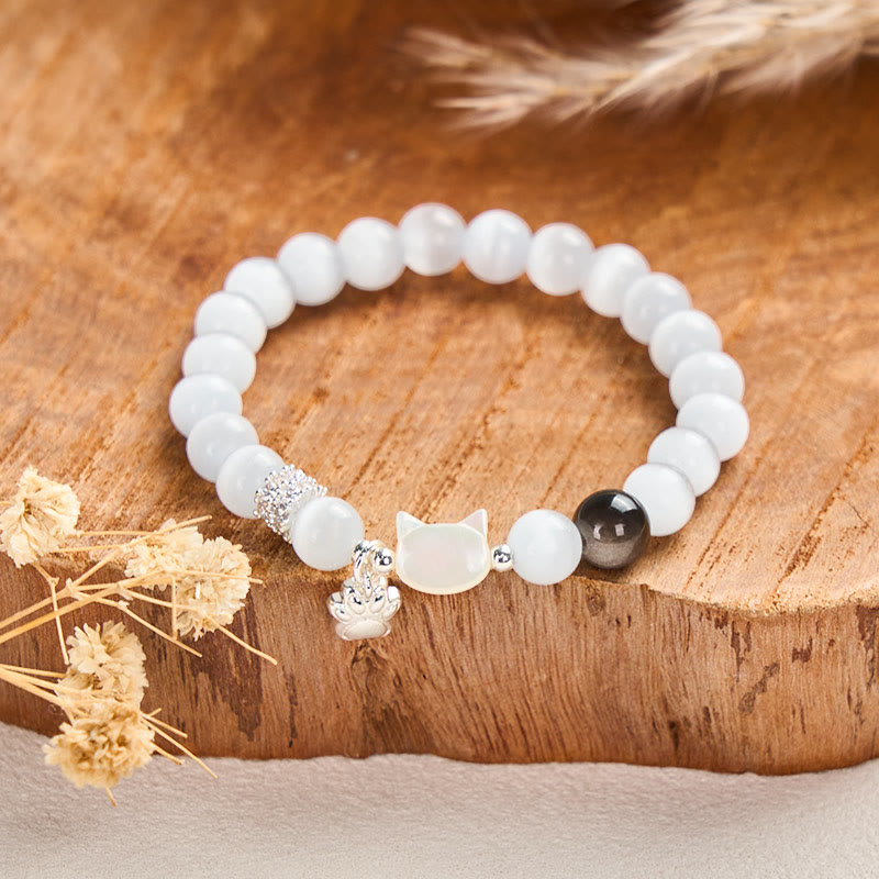 Buddha Stones Cat Head White Cat's Eye Silver Sheen Obsidian Positive Bracelet
