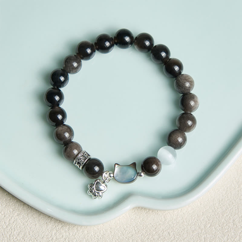 Buddha Stones Cat Head White Cat's Eye Silver Sheen Obsidian Positive Bracelet