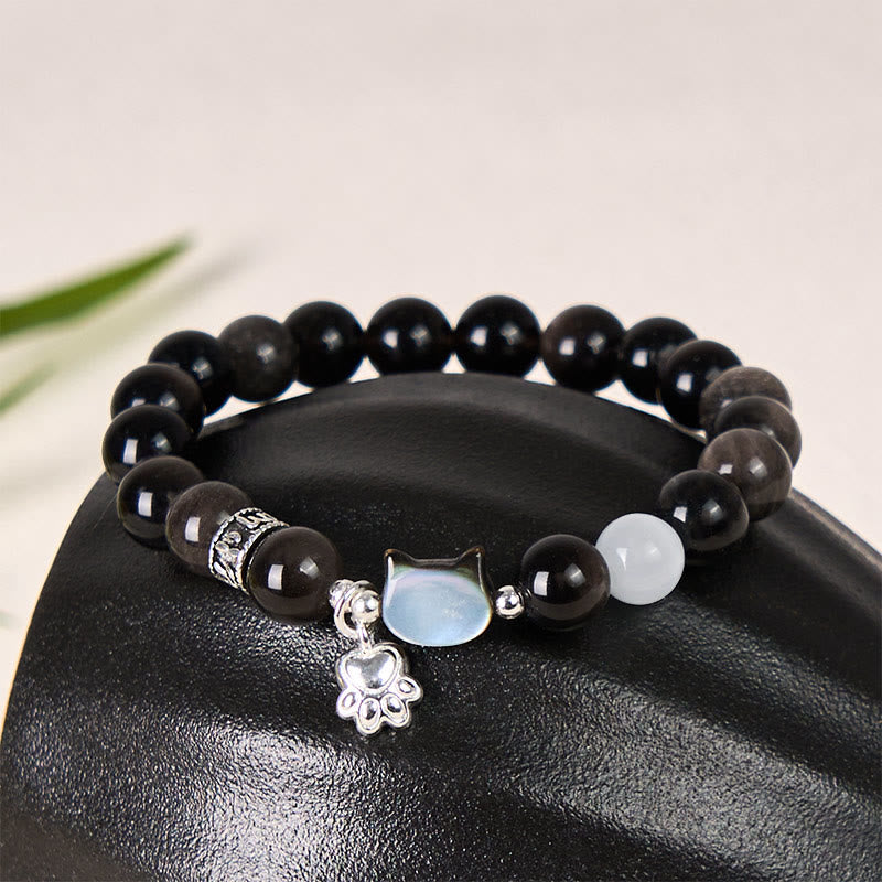 Buddha Stones Cat Head White Cat's Eye Silver Sheen Obsidian Positive Bracelet