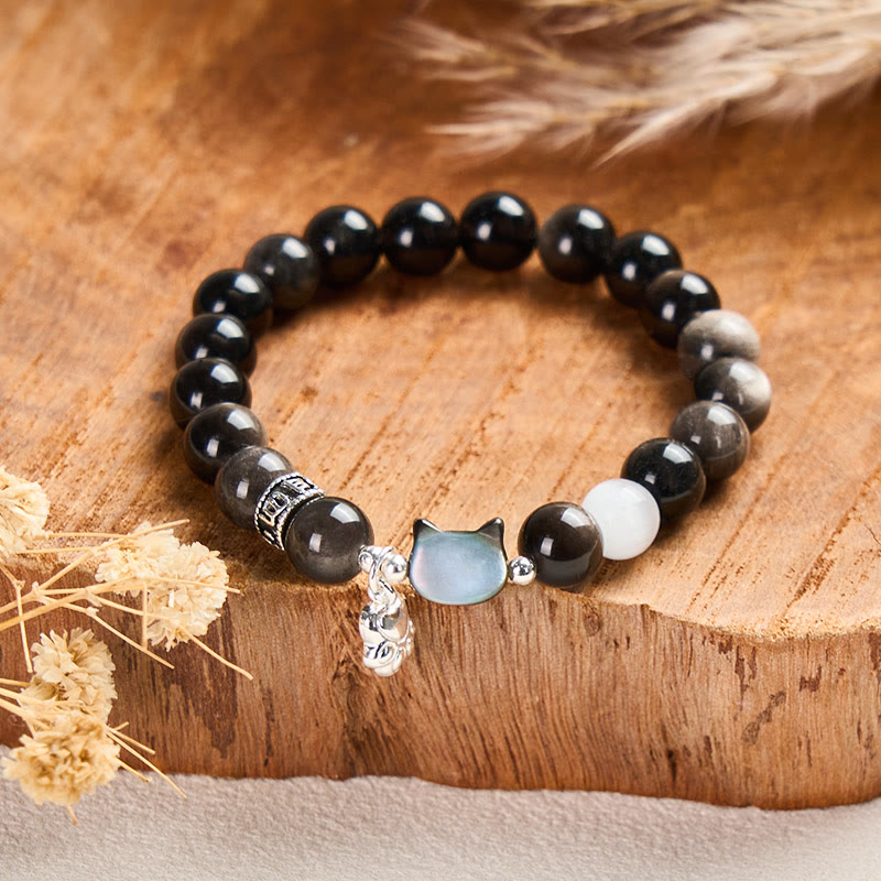 Buddha Stones Cat Head White Cat's Eye Silver Sheen Obsidian Positive Bracelet