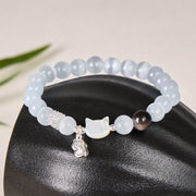 Buddha Stones Cat Head White Cat's Eye Silver Sheen Obsidian Positive Bracelet