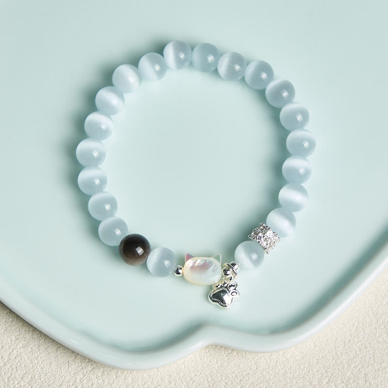 Buddha Stones Cat Head White Cat's Eye Silver Sheen Obsidian Positive Bracelet
