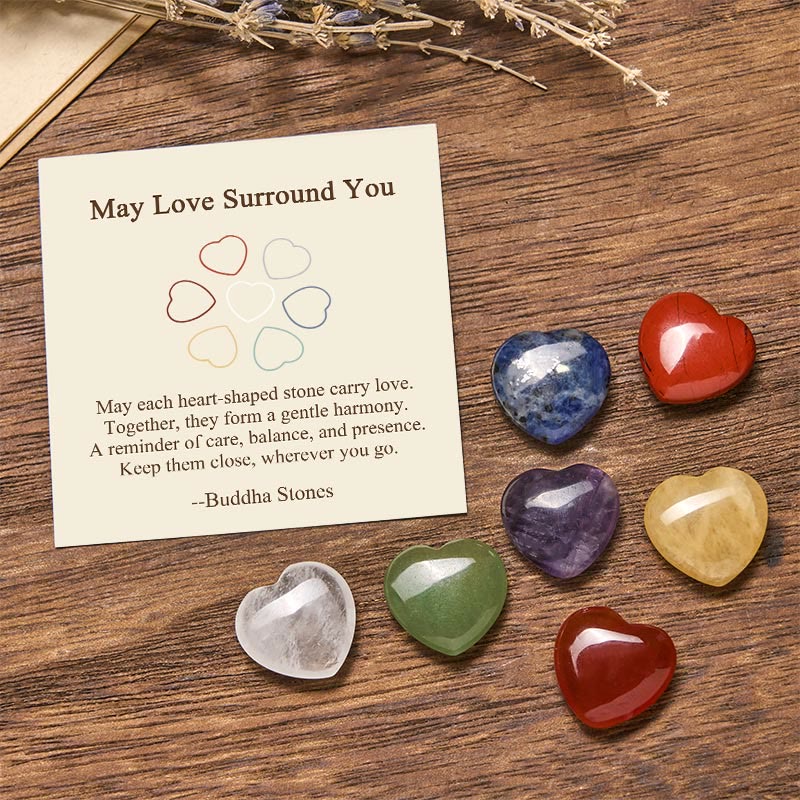 Buddha Stones "May Love Surround You" Natural 6Pcs Small Amethyst Red Jasper Red Agate Topaz Green Aventurine Love Stone Decoration Includes Gift Message Card