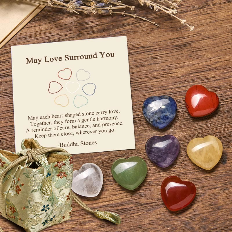 Buddha Stones "May Love Surround You" Natural 6Pcs Small Amethyst Red Jasper Red Agate Topaz Green Aventurine Love Stone Decoration Includes Gift Message Card