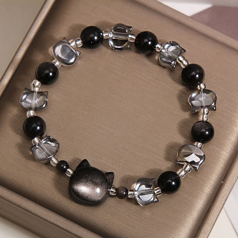 Buddha Stones Black Obsidian Cat Head Purification Strength Bracelet