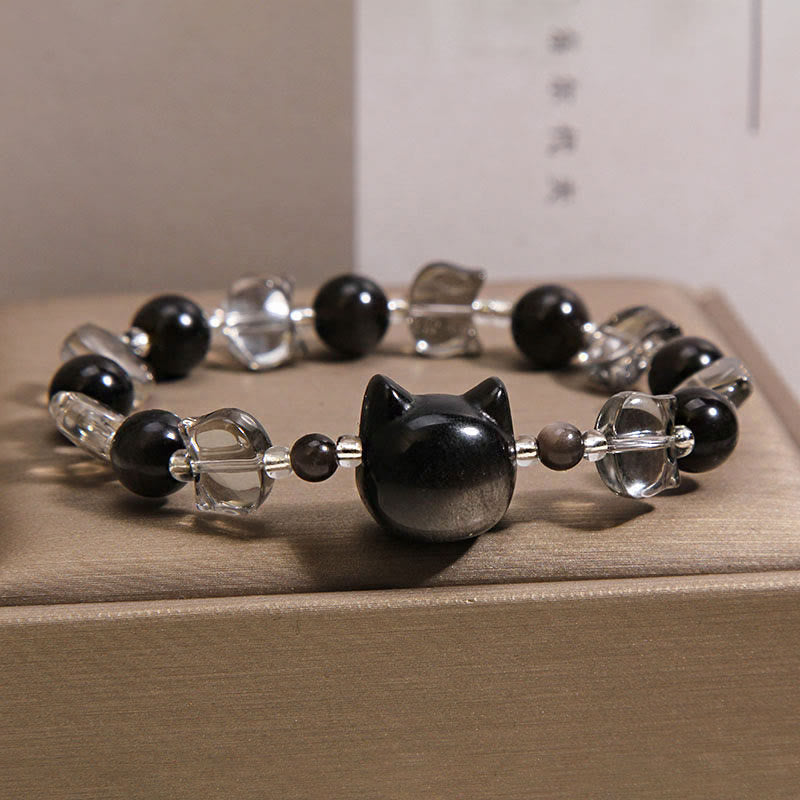 Buddha Stones Black Obsidian Cat Head Purification Strength Bracelet