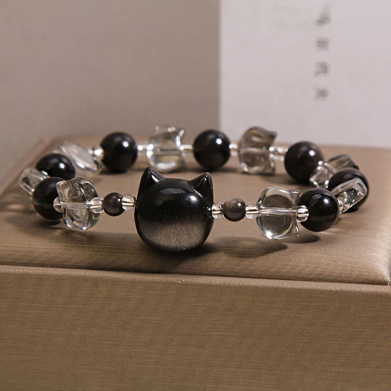 Buddha Stones Black Obsidian Cat Head Purification Strength Bracelet