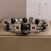 Buddha Stones Black Obsidian Cat Head Purification Strength Bracelet