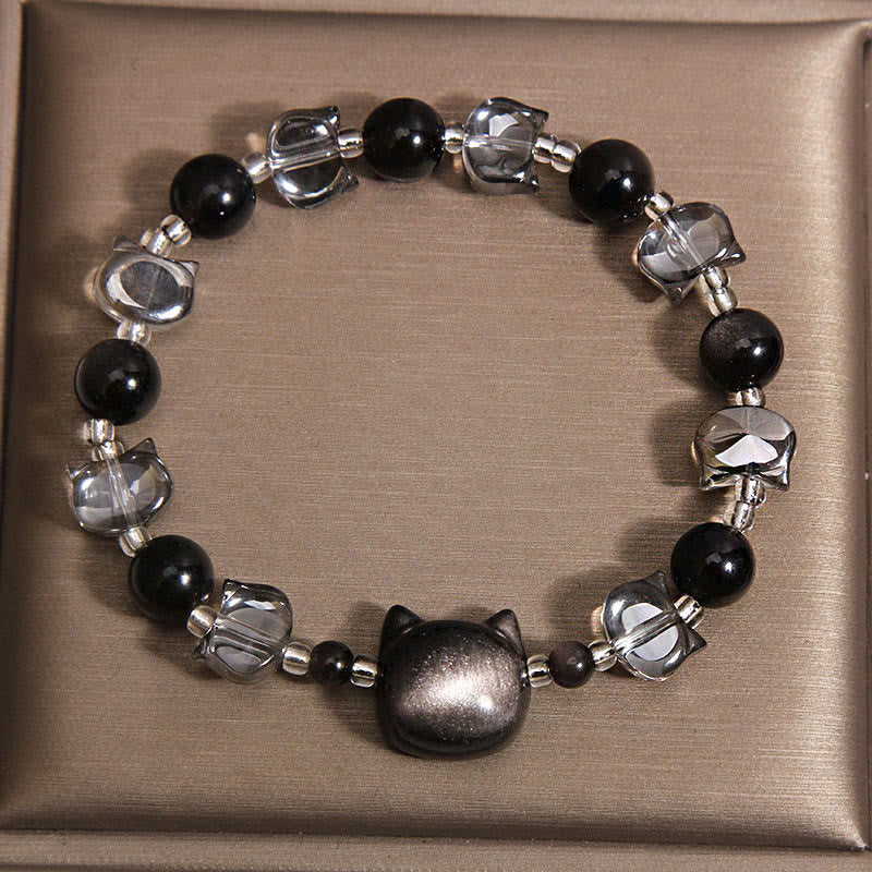 Buddha Stones Black Obsidian Cat Head Purification Strength Bracelet