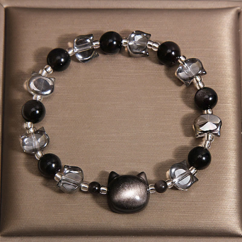 Buddha Stones Black Obsidian Cat Head Purification Strength Bracelet