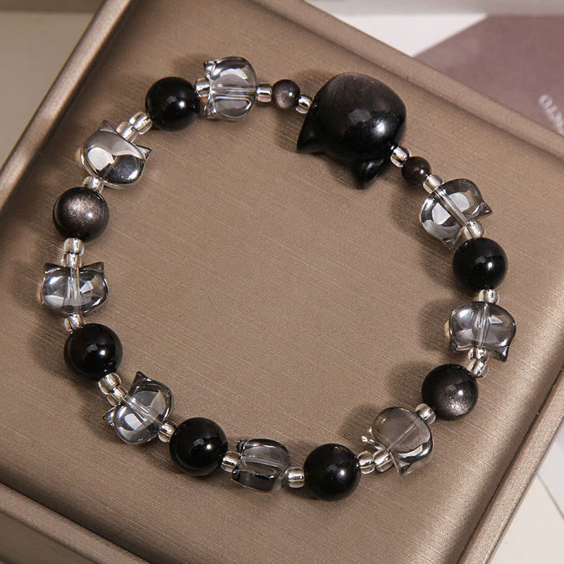 Buddha Stones Black Obsidian Cat Head Purification Strength Bracelet