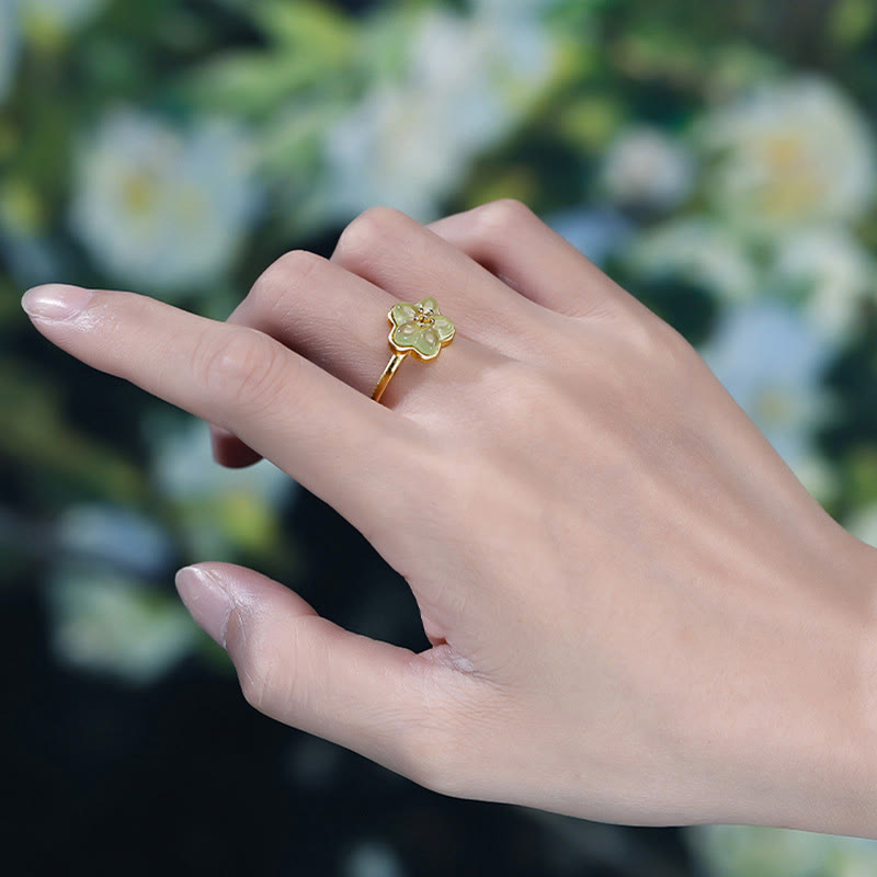 EverestArtstudios Plum Blossom Hetian Jade Copper Luck Ring