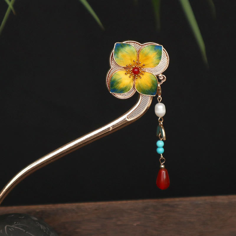 EverestArtStudios Red Agate Turquoise Bead Calm Confidence Velvet Flower Tassel Hairpin