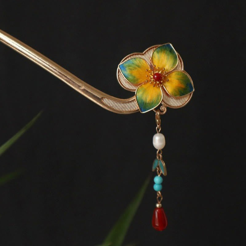 EverestArtStudios Red Agate Turquoise Bead Calm Confidence Velvet Flower Tassel Hairpin