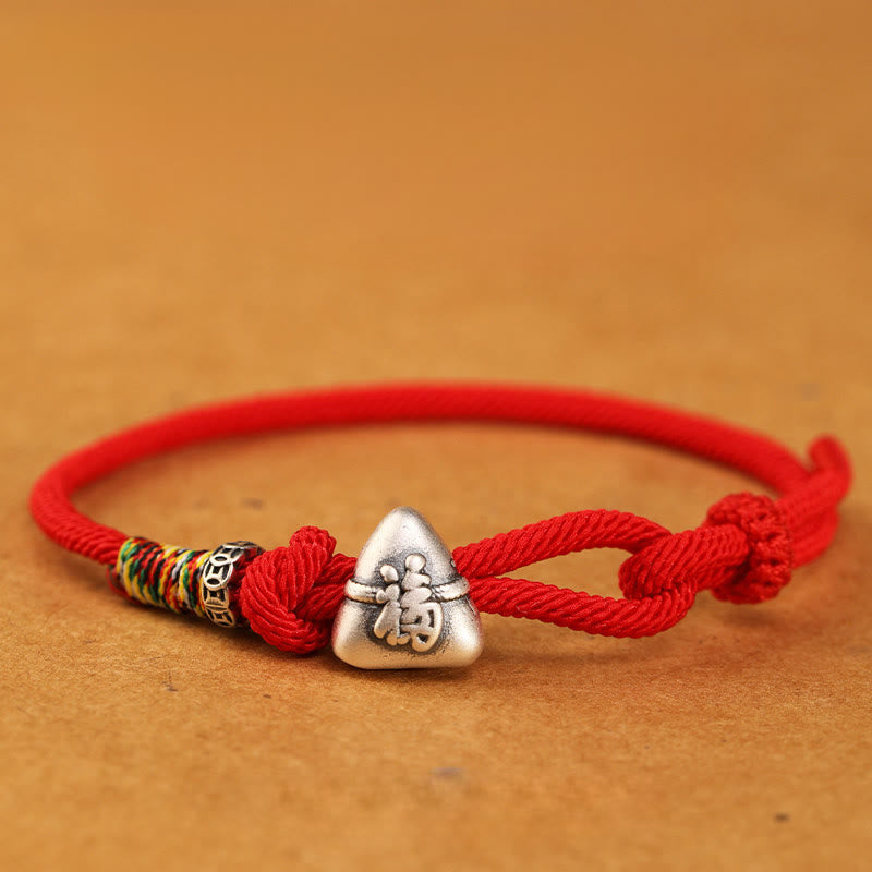 Buddha Stones 999 Sterling Silver Fu Character Zongzi Fortune Luck Rope Bracelet