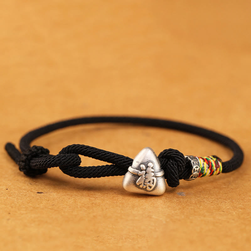 Buddha Stones 999 Sterling Silver Fu Character Zongzi Fortune Luck Rope Bracelet