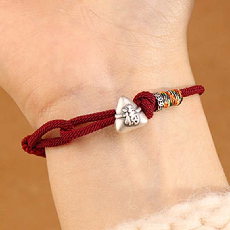 Buddha Stones 999 Sterling Silver Fu Character Zongzi Fortune Luck Rope Bracelet