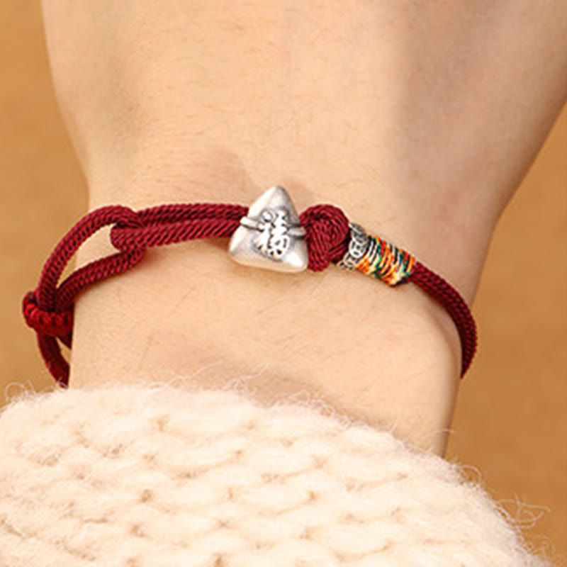 Buddha Stones 999 Sterling Silver Fu Character Zongzi Fortune Luck Rope Bracelet