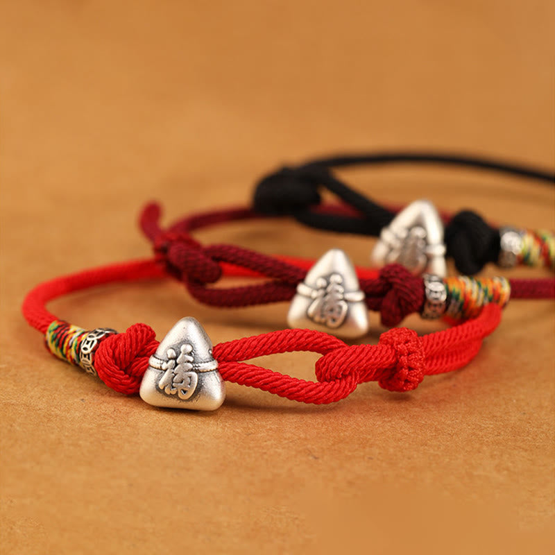 Buddha Stones 999 Sterling Silver Fu Character Zongzi Fortune Luck Rope Bracelet