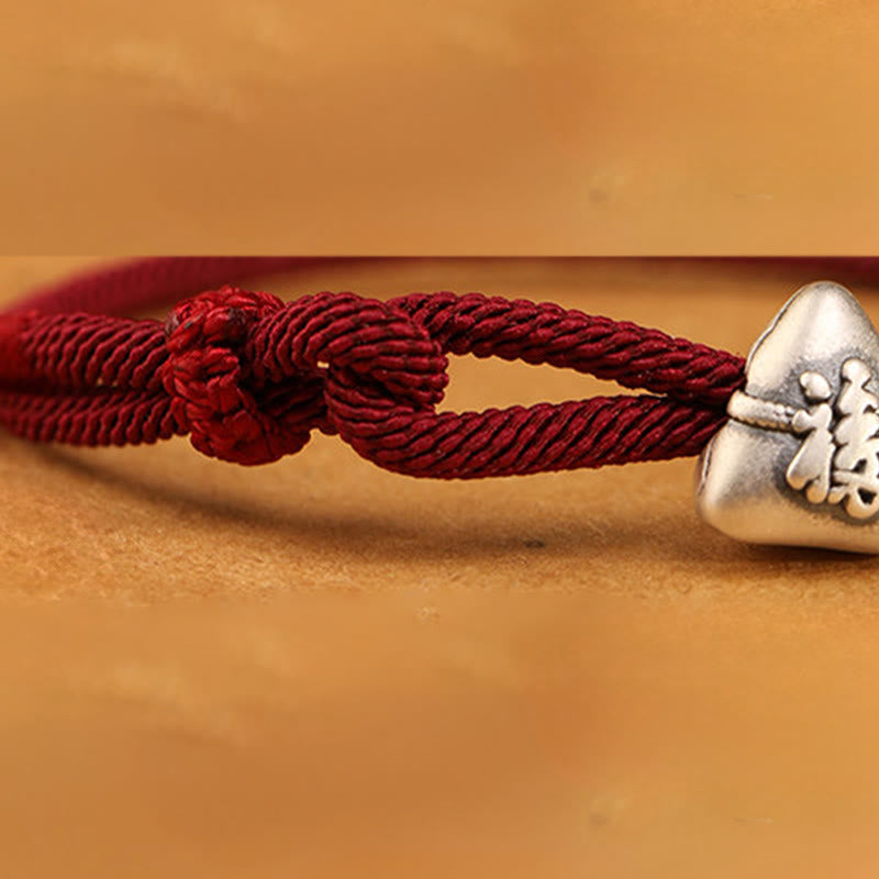Buddha Stones 999 Sterling Silver Fu Character Zongzi Fortune Luck Rope Bracelet