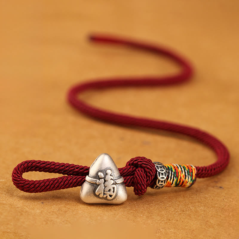 Buddha Stones 999 Sterling Silver Fu Character Zongzi Fortune Luck Rope Bracelet