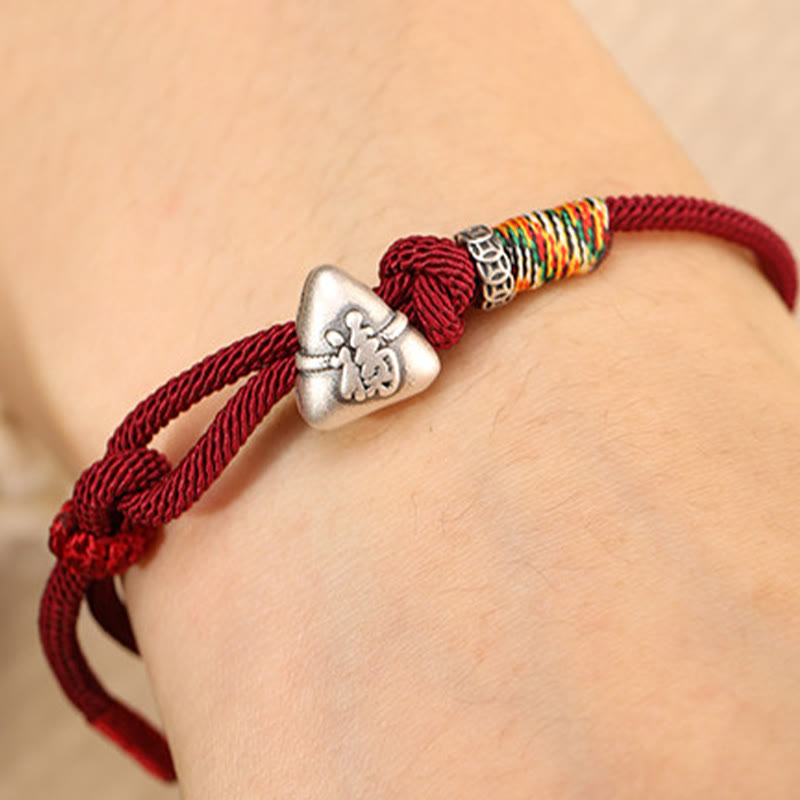 Buddha Stones 999 Sterling Silver Fu Character Zongzi Fortune Luck Rope Bracelet