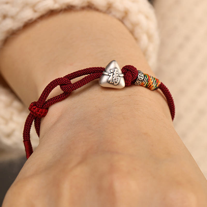 Buddha Stones 999 Sterling Silver Fu Character Zongzi Fortune Luck Rope Bracelet