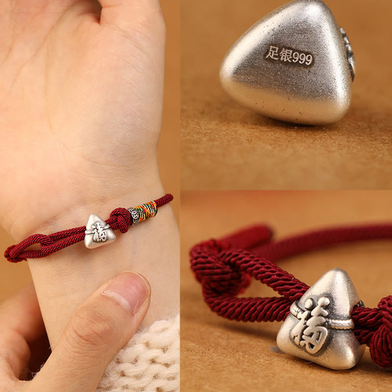 Buddha Stones 999 Sterling Silver Fu Character Zongzi Fortune Luck Rope Bracelet