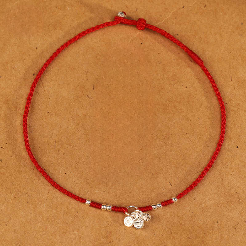 Buddha Stones Handcrafted 925 Sterling Silver Copper Coins Design Protection Strength Ultra-Thin Bracelet Anklet