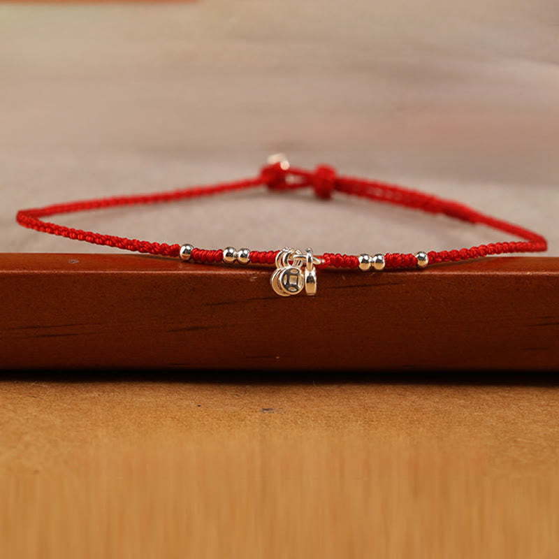 Buddha Stones Handcrafted 925 Sterling Silver Copper Coins Design Protection Strength Ultra-Thin Bracelet Anklet