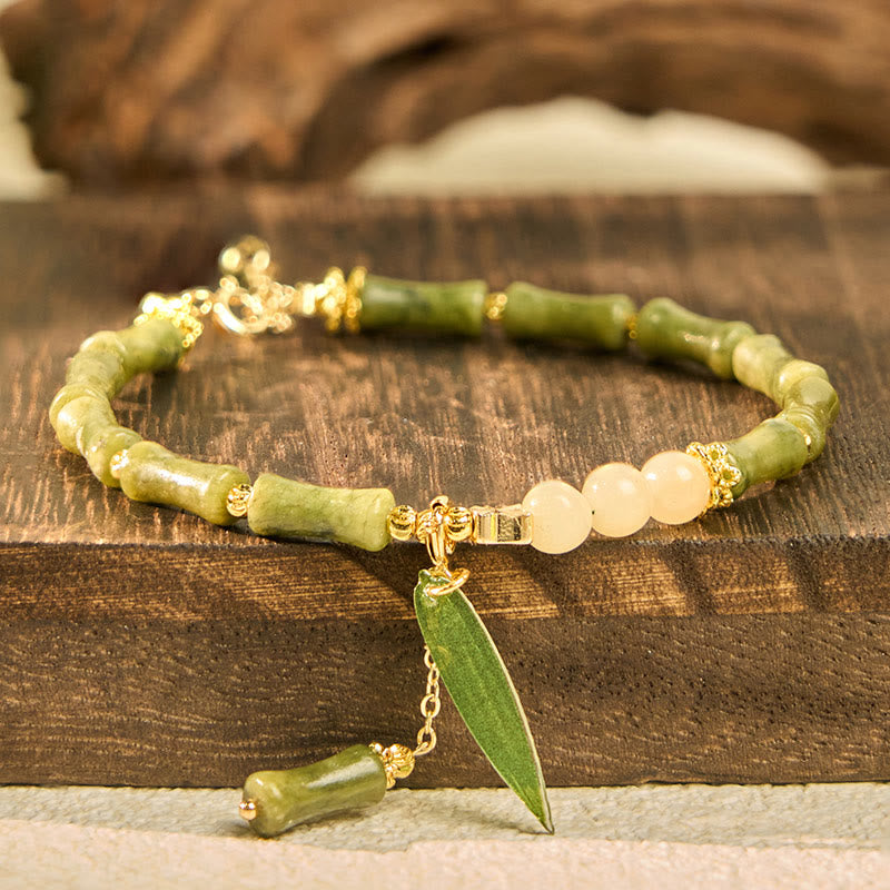 Buddha Stones Jade Bamboo Leaf Lily Of The Valley Pattern Luck Abundance Bracelet