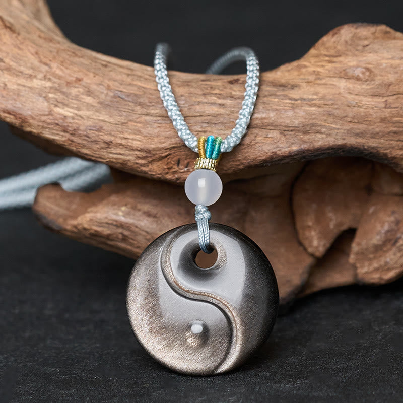 Buddha Stones Silver Sheen Obsidian Yin Yang Symbol Protection Necklace Pendant