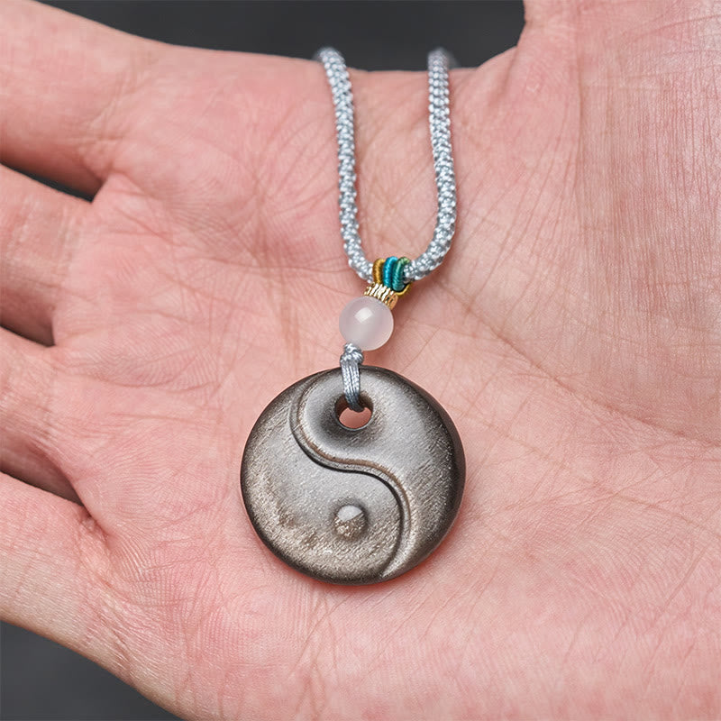 Buddha Stones Silver Sheen Obsidian Yin Yang Symbol Protection Necklace Pendant