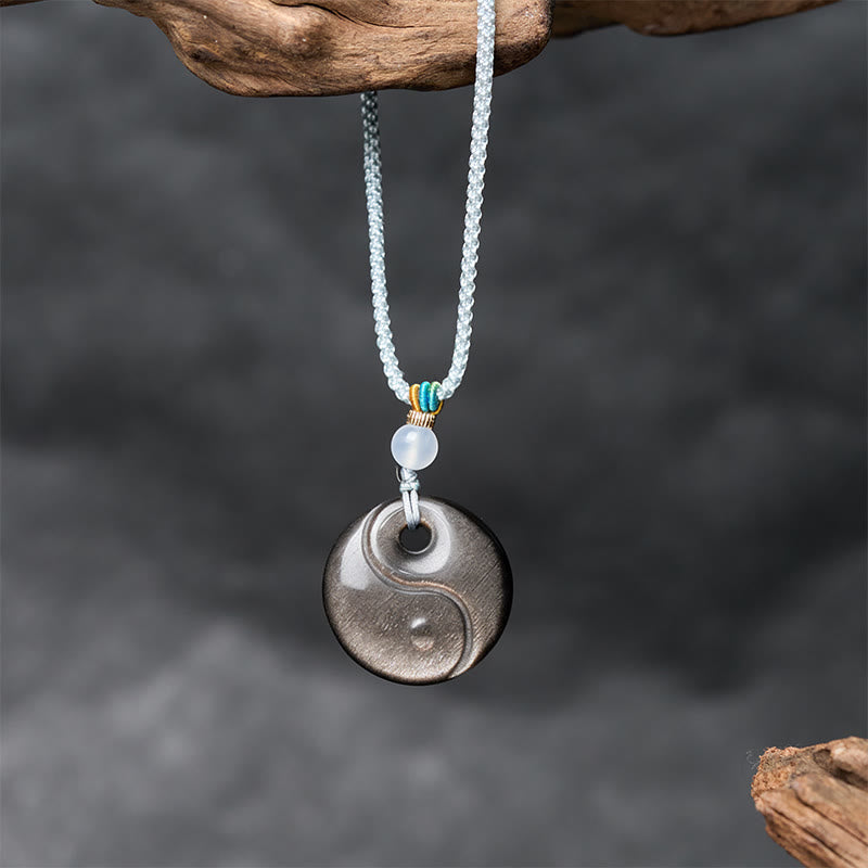 Buddha Stones Silver Sheen Obsidian Yin Yang Symbol Protection Necklace Pendant