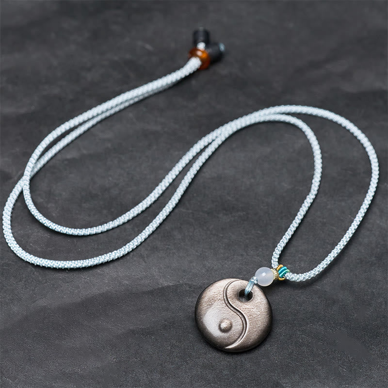 Buddha Stones Silver Sheen Obsidian Yin Yang Symbol Protection Necklace Pendant