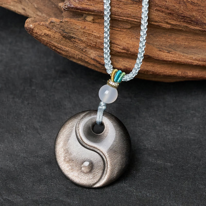 Buddha Stones Silver Sheen Obsidian Yin Yang Symbol Protection Necklace Pendant