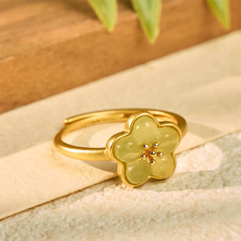 EverestArtstudios Plum Blossom Hetian Jade Copper Luck Ring