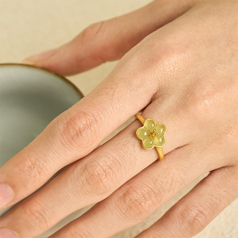 EverestArtstudios Plum Blossom Hetian Jade Copper Luck Ring