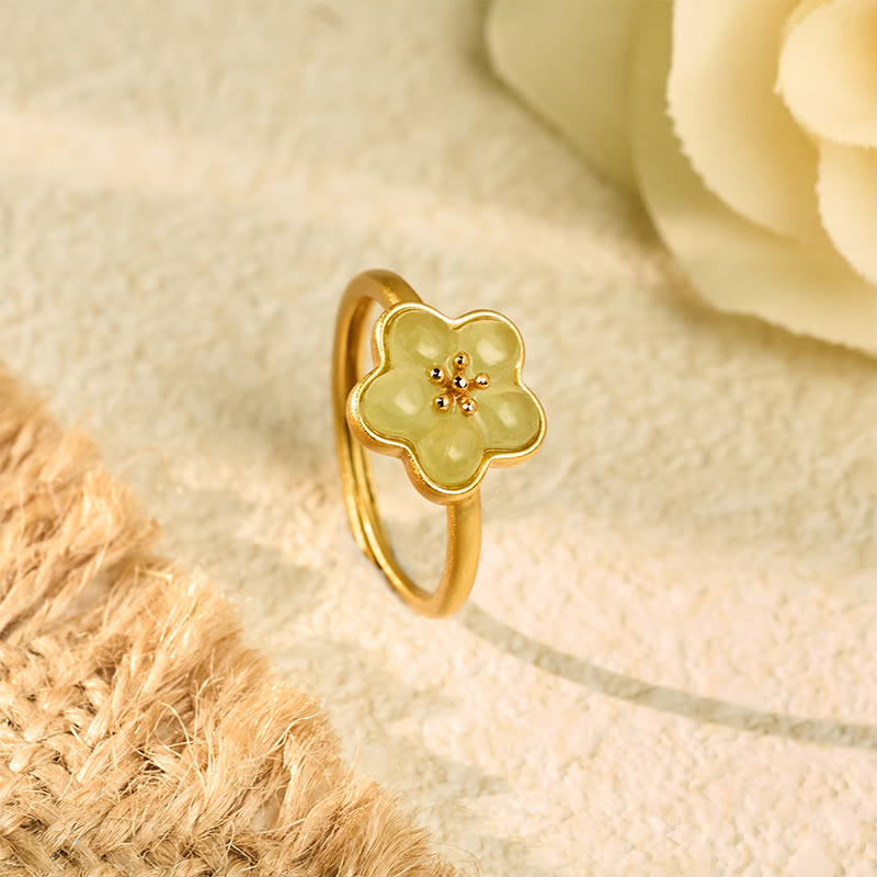EverestArtstudios Plum Blossom Hetian Jade Copper Luck Ring