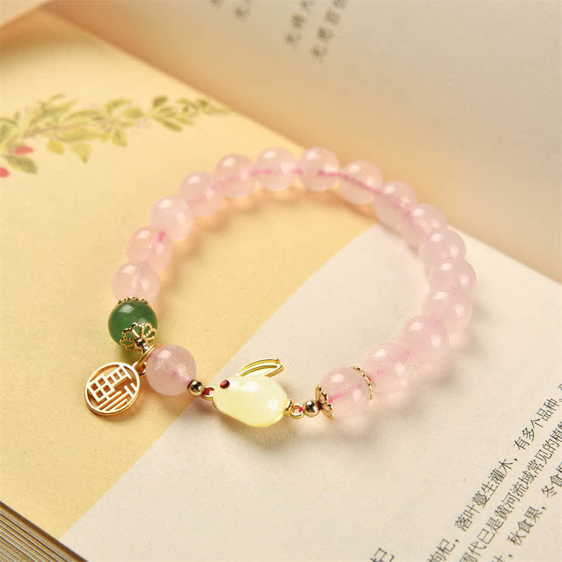 Year of the Rabbit Natural Pink Crystal Green Agate Bunny Love Happiness Bracelet