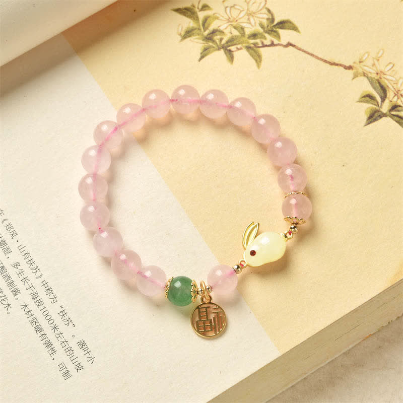 Year of the Rabbit Natural Pink Crystal Green Agate Bunny Love Happiness Bracelet