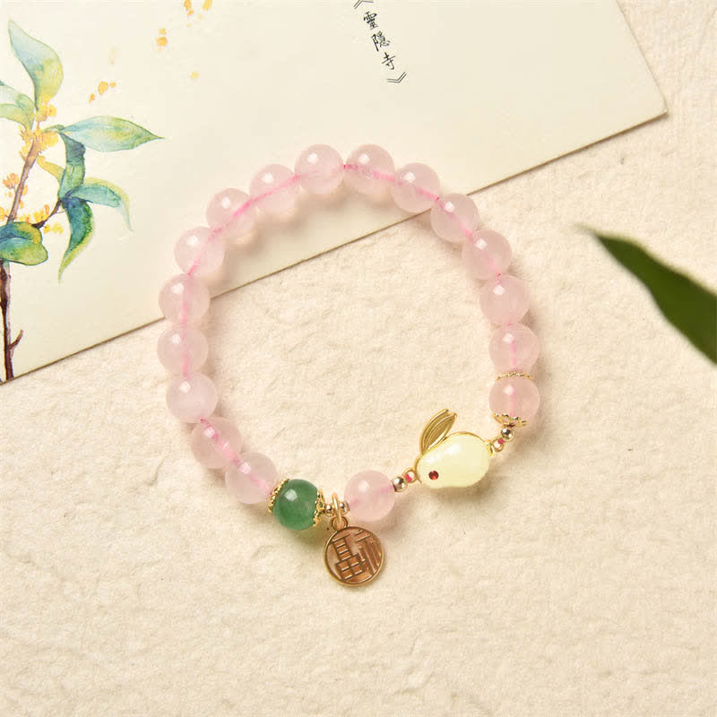 Year of the Rabbit Natural Pink Crystal Green Agate Bunny Love Happiness Bracelet