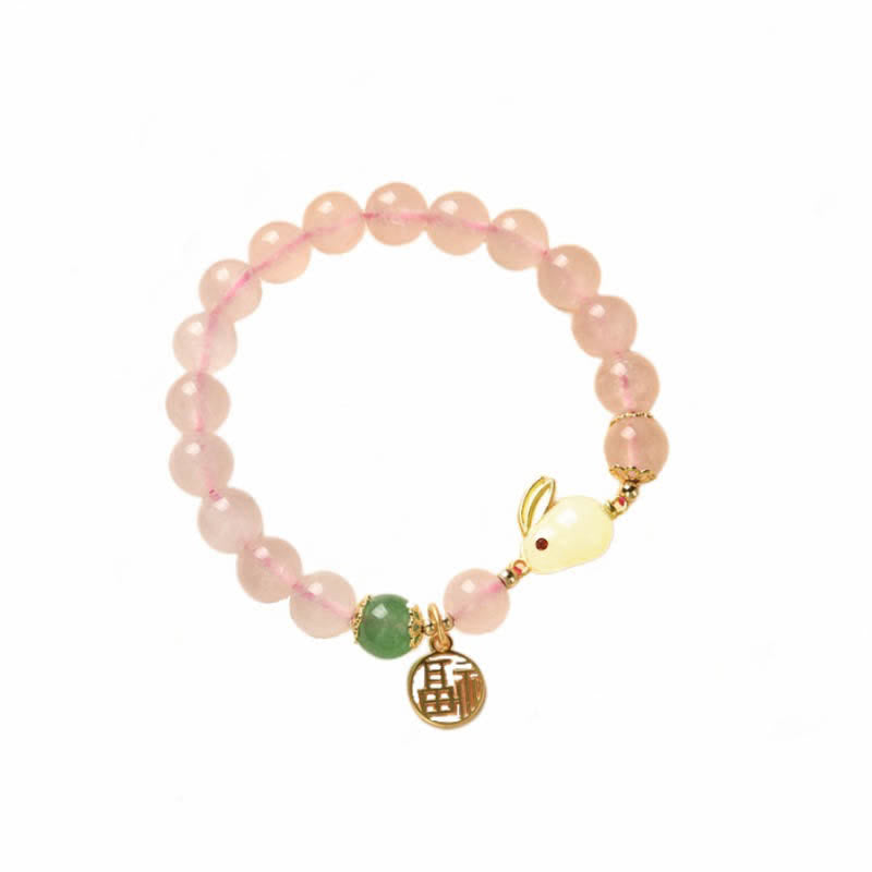 Year of the Rabbit Natural Pink Crystal Green Agate Bunny Love Happiness Bracelet