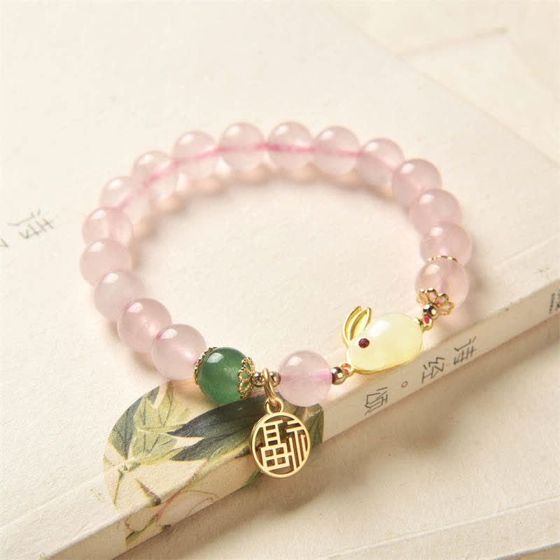 Year of the Rabbit Natural Pink Crystal Green Agate Bunny Love Happiness Bracelet