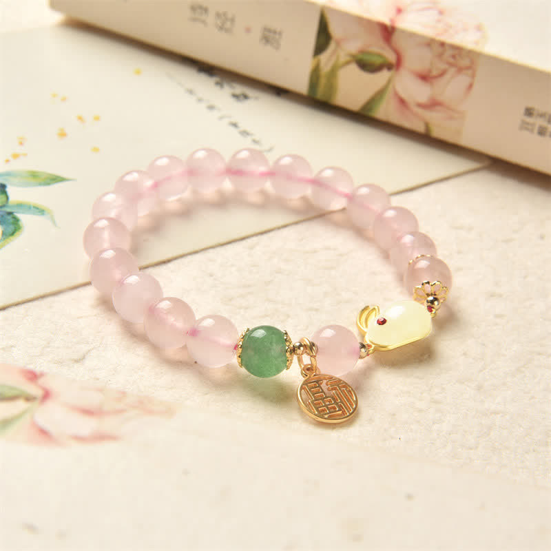 Year of the Rabbit Natural Pink Crystal Green Agate Bunny Love Happiness Bracelet