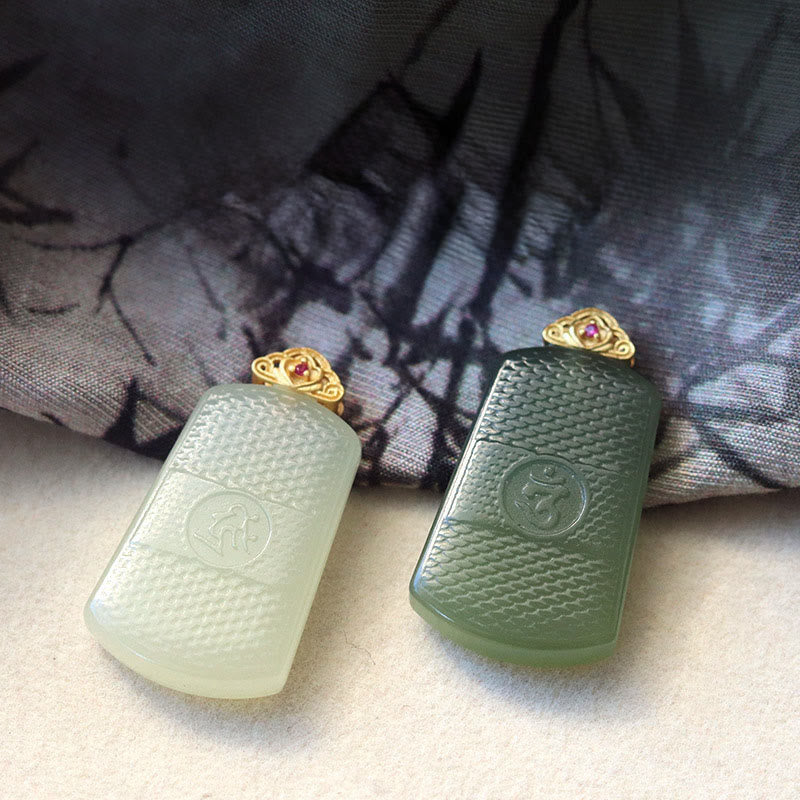 EverestArtstudios Hetian Jade 925 Sterling Silver Om Symbol Prosperity Necklace Pendant