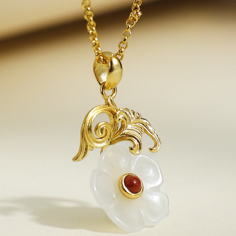 EverestArtstudios Hetian Jade Flower 925 Sterling Silver Luck Necklace Pendant