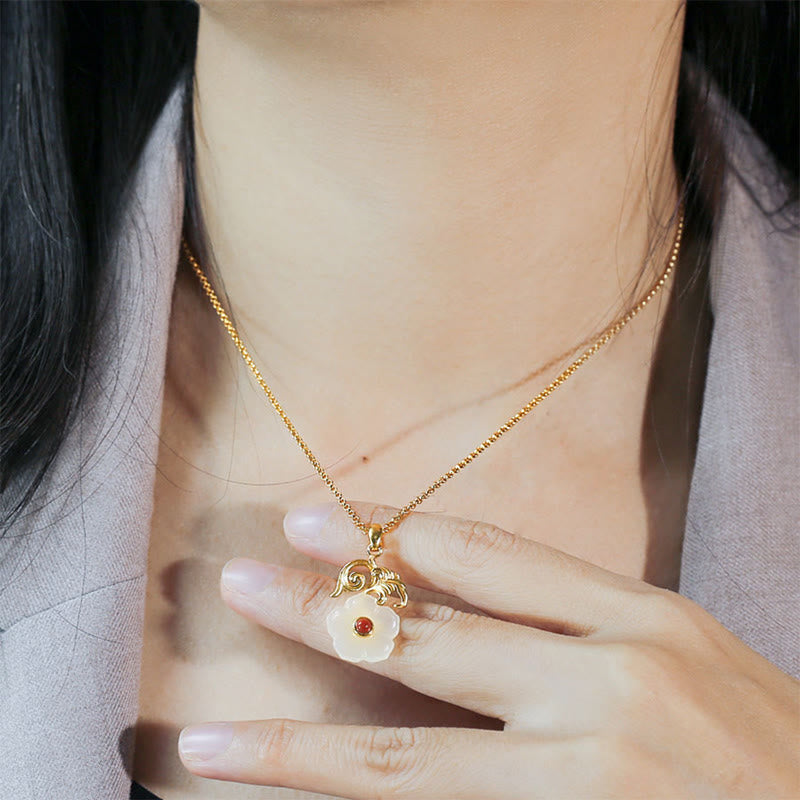 EverestArtstudios Hetian Jade Flower 925 Sterling Silver Luck Necklace Pendant