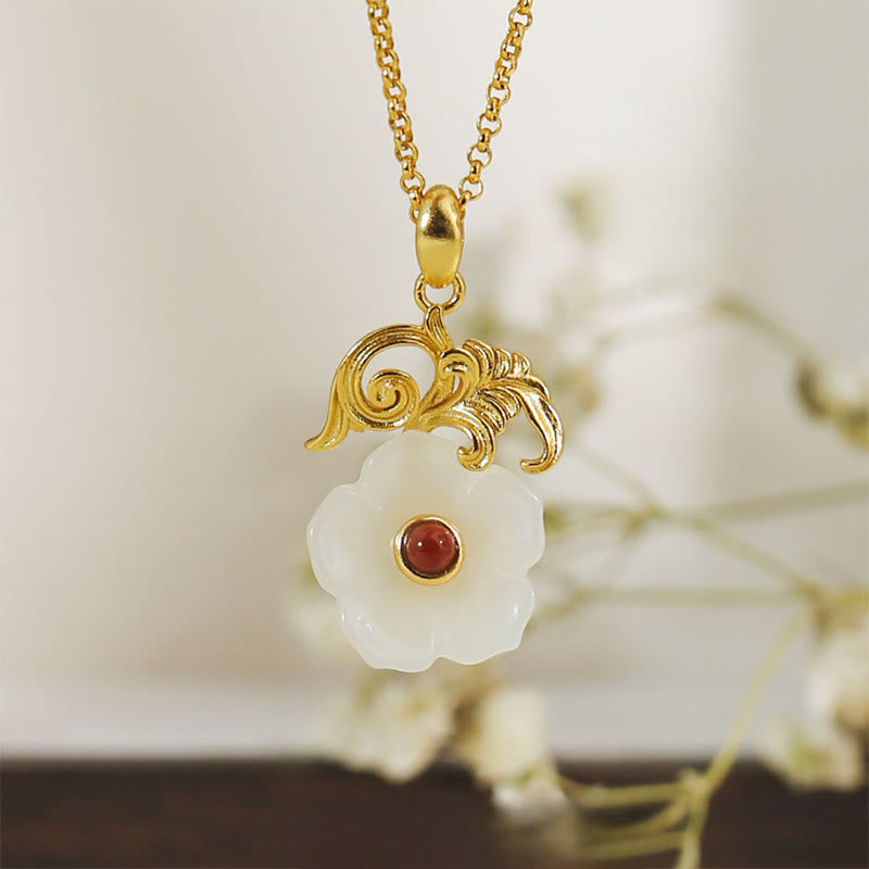 EverestArtstudios Hetian Jade Flower 925 Sterling Silver Luck Necklace Pendant
